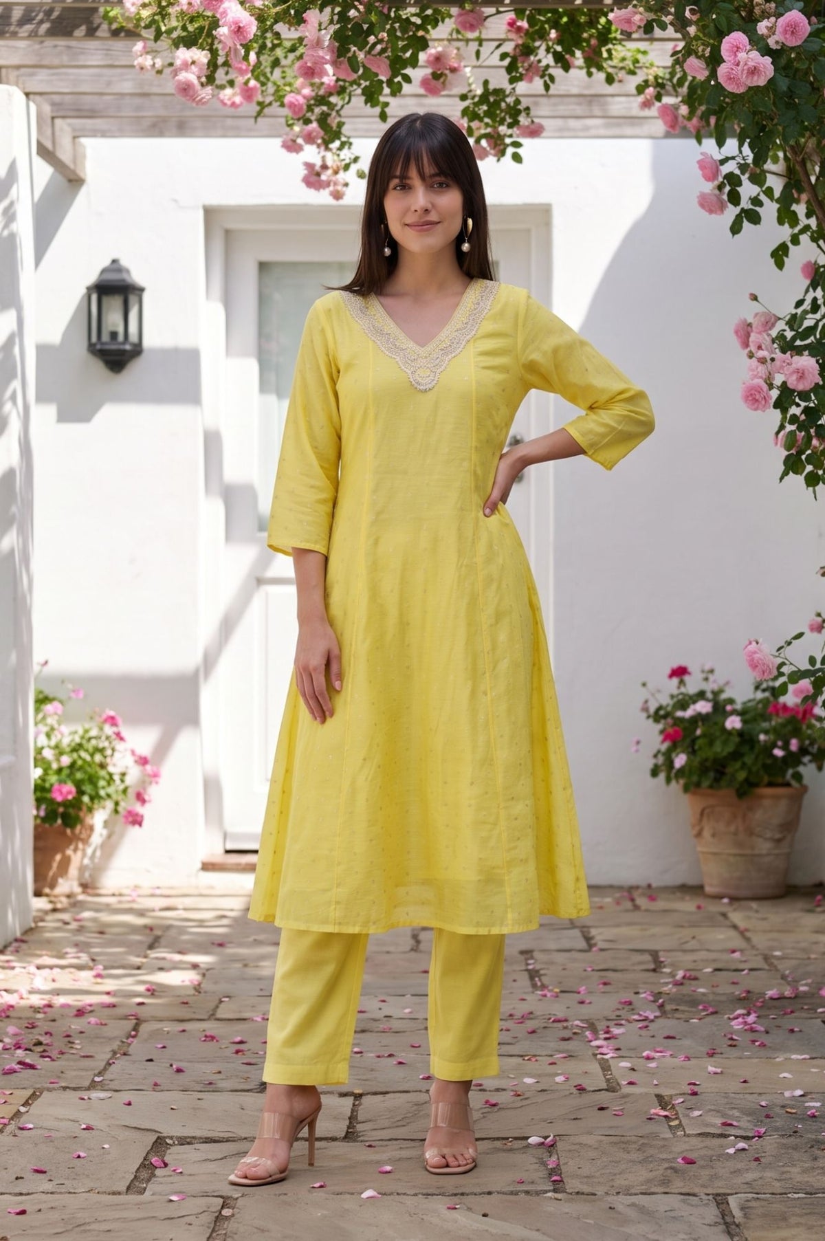 Yellow Yarn Dyed Zari Embroidered Chanderi A-line Kurta