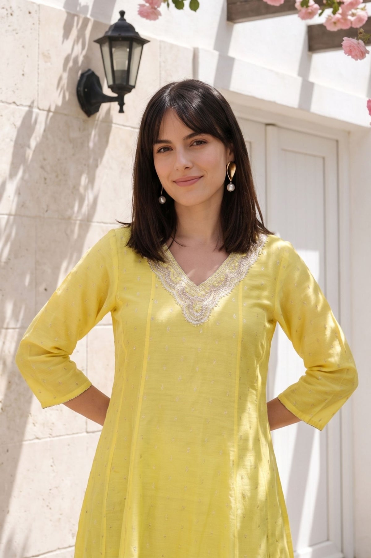 Yellow Yarn Dyed Zari Embroidered Chanderi A-line Kurta