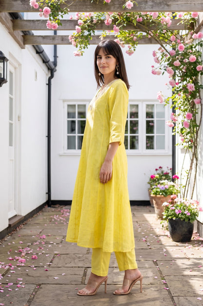 Yellow Yarn Dyed Zari Embroidered Chanderi A-line Kurta