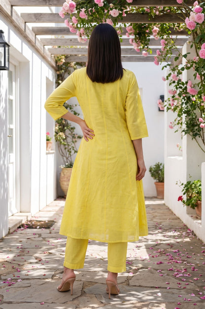 Yellow Yarn Dyed Zari Embroidered Chanderi A-line Kurta