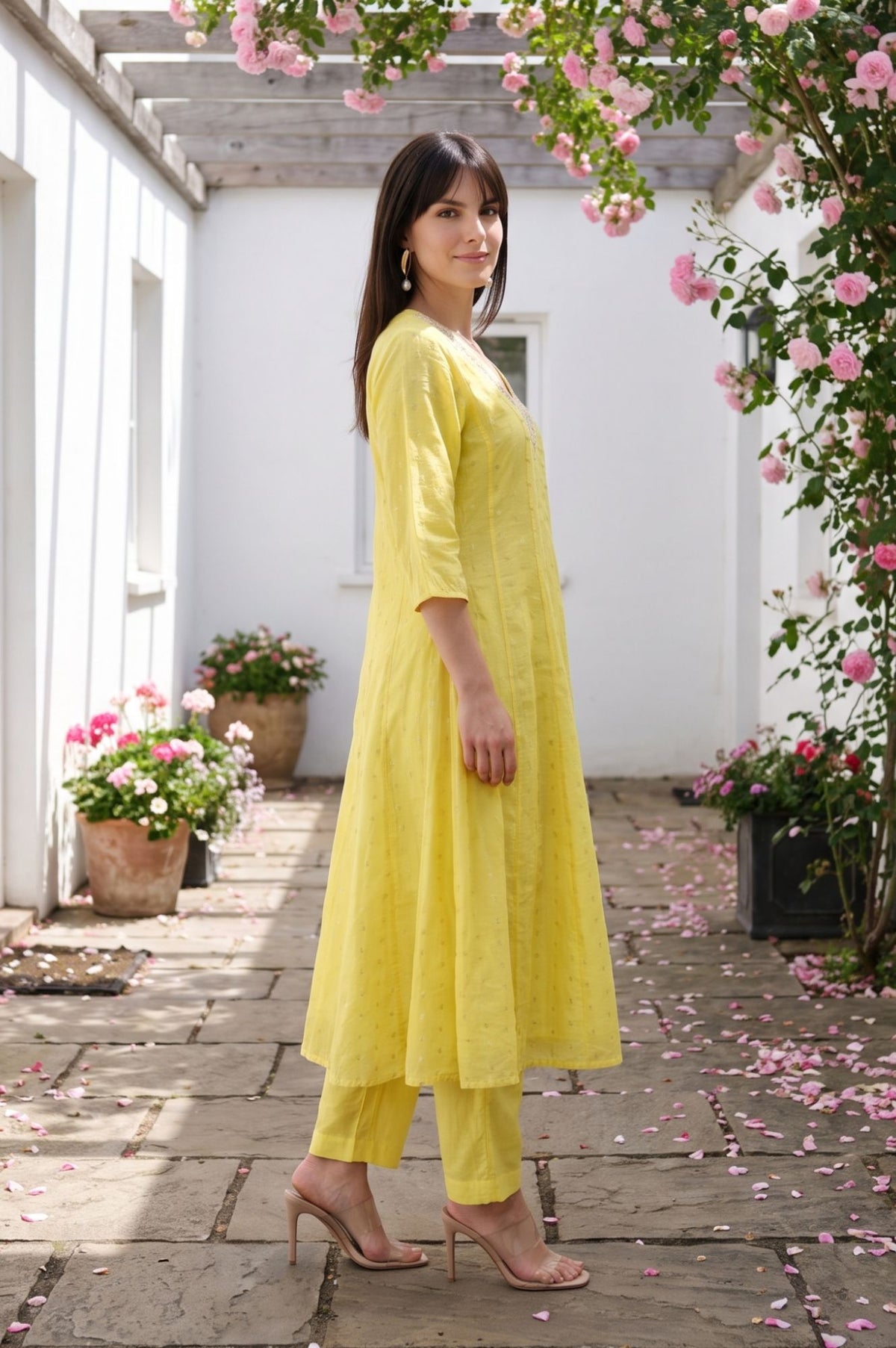 Yellow Yarn Dyed Zari Embroidered Chanderi A-line Kurta