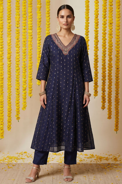 Navy Blue Yarn Dyed Embroidered Chanderi A-line Kurta