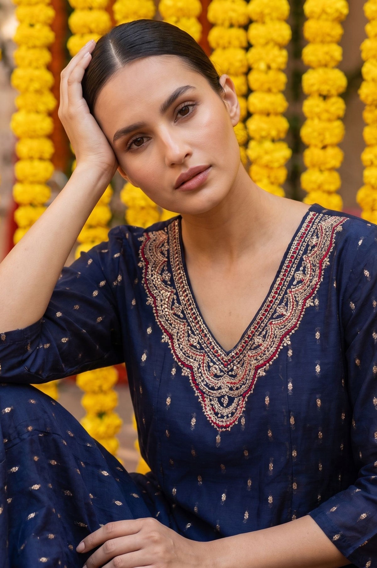 Navy Blue Yarn Dyed Embroidered Chanderi A-line Kurta