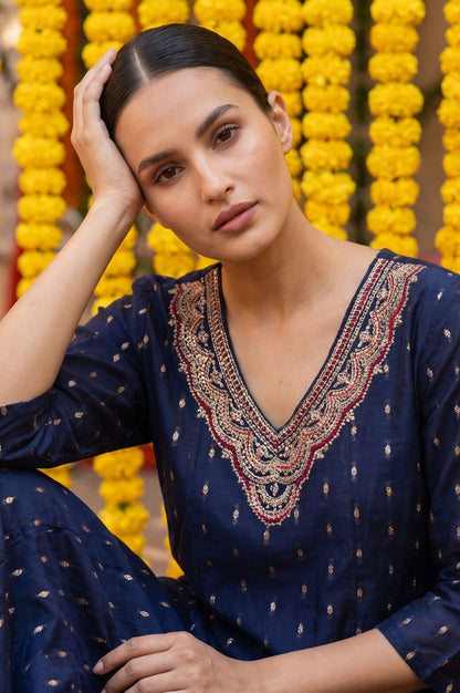 Navy Blue Yarn Dyed Embroidered Chanderi A-line Kurta