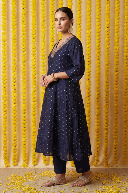 Navy Blue Yarn Dyed Embroidered Chanderi A-line Kurta