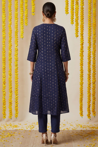 Navy Blue Yarn Dyed Embroidered Chanderi A-line Kurta