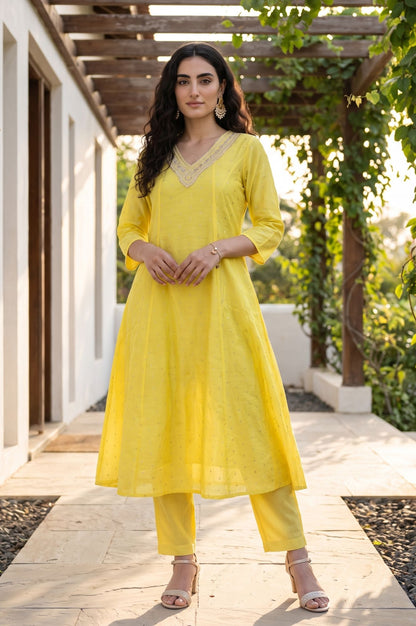 Yellow Foil Printed Zari Embroidered Chanderi Flared Kurta
