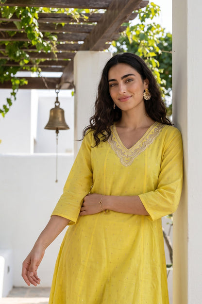 Yellow Foil Printed Zari Embroidered Chanderi Flared Kurta