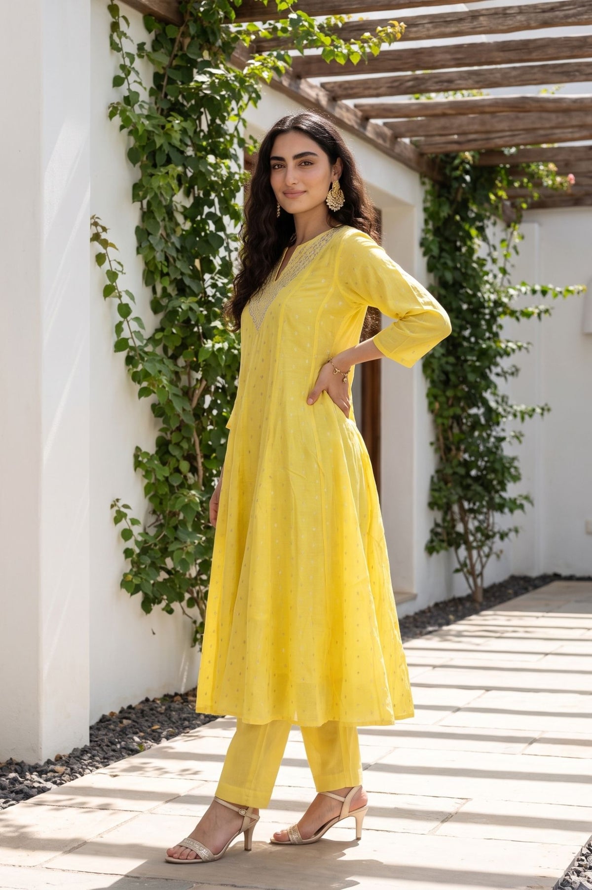 Yellow Foil Printed Zari Embroidered Chanderi Flared Kurta