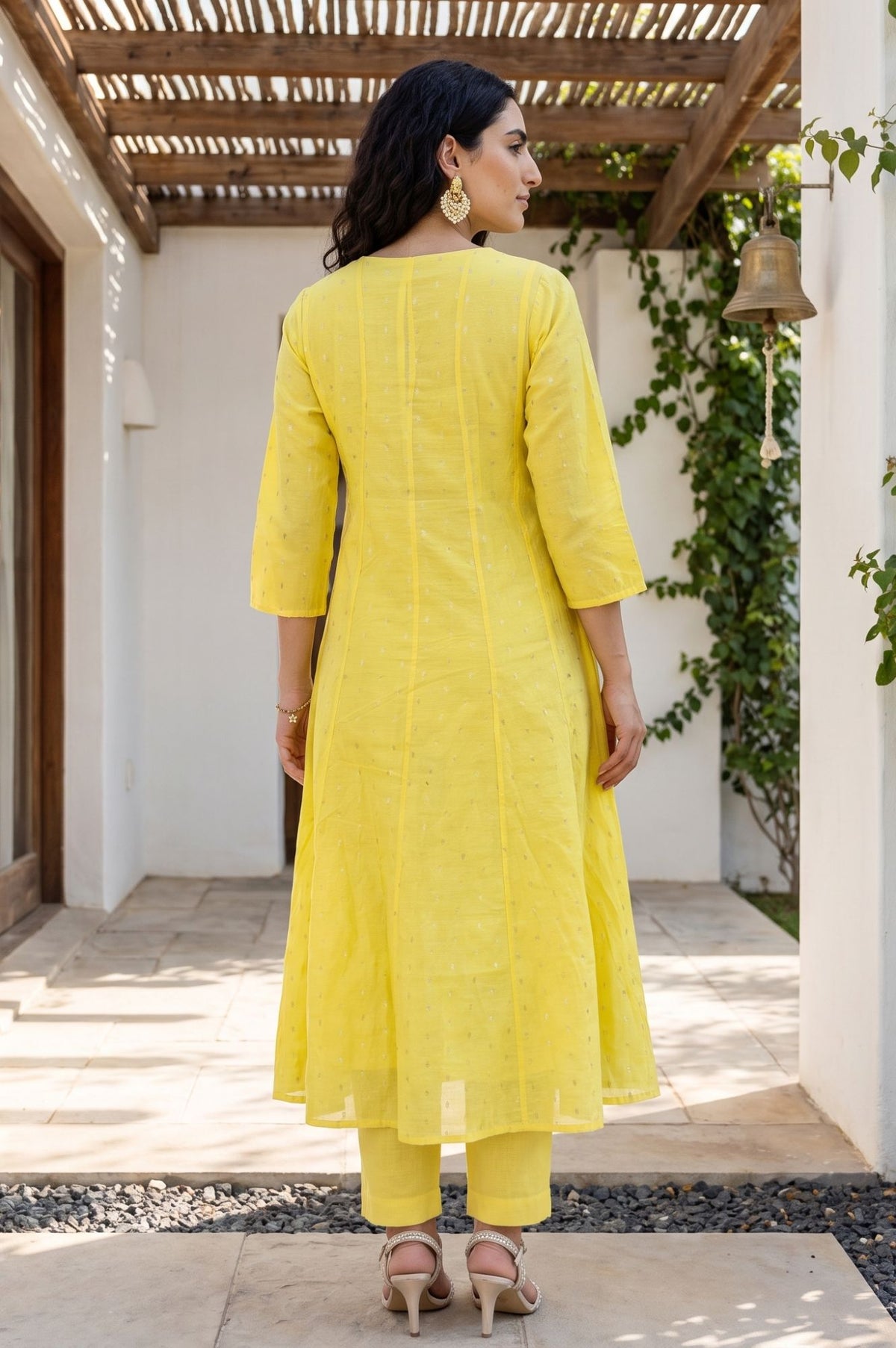 Yellow Foil Printed Zari Embroidered Chanderi Flared Kurta