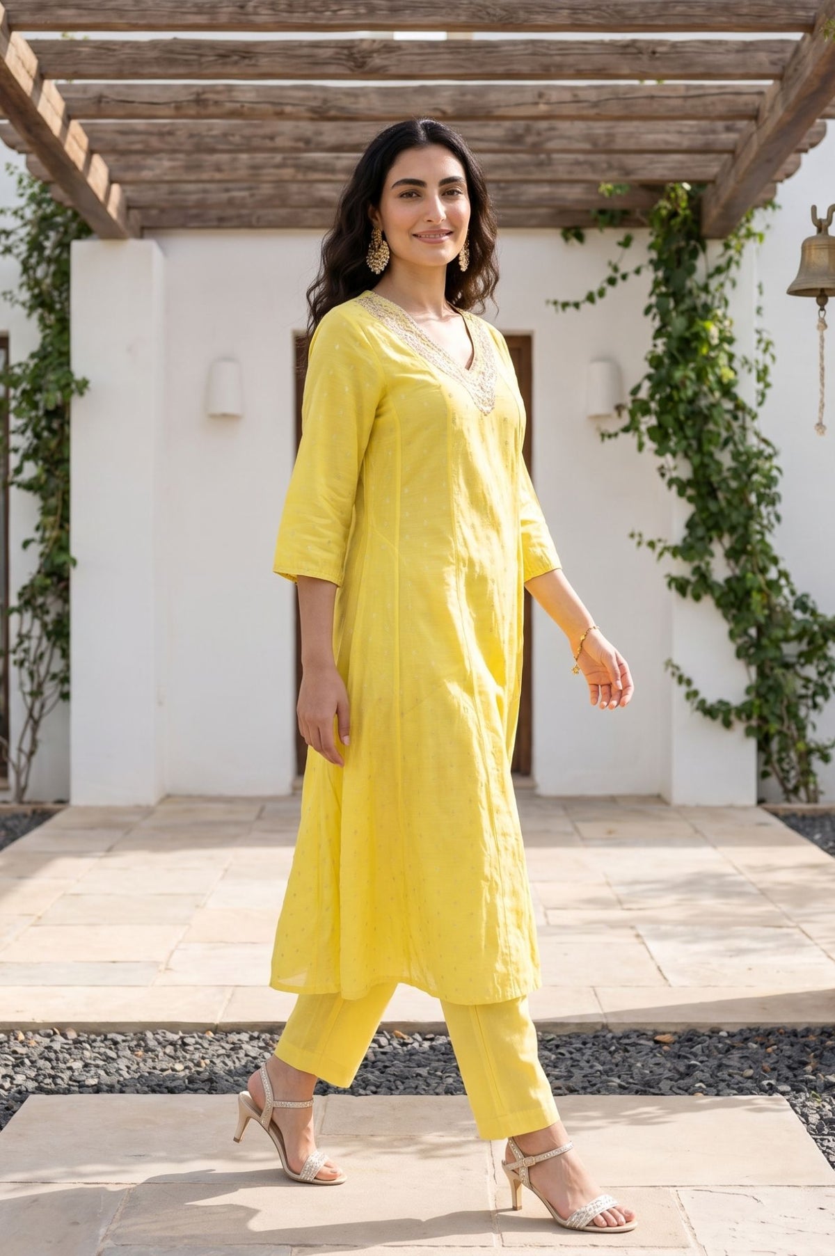 Yellow Foil Printed Zari Embroidered Chanderi Flared Kurta
