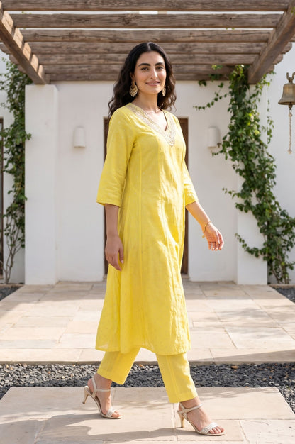 Yellow Foil Printed Zari Embroidered Chanderi Flared Kurta