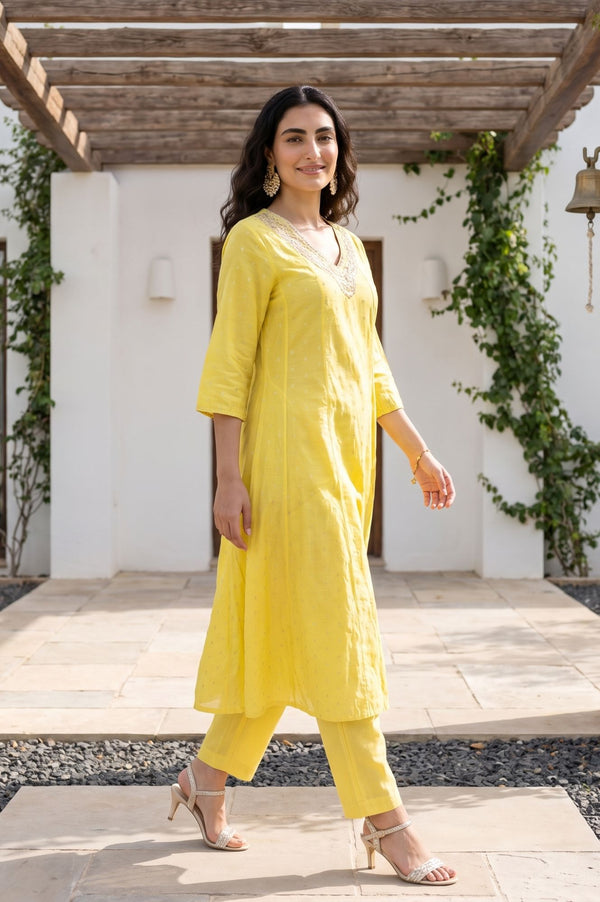 Yellow Foil Printed Zari Embroidered Chanderi Flared Kurta