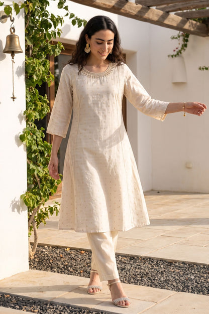 Off White Yarn Dyed Zari Embroidered Chanderi A-line Kurta