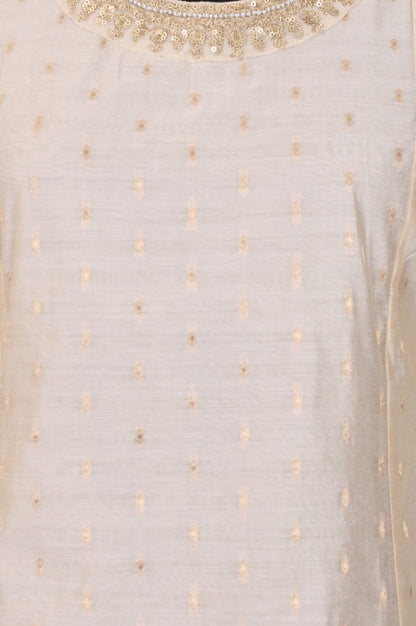 W Off White Textured Sequins Yarn Dyed Chanderi Butti A-line Kurta