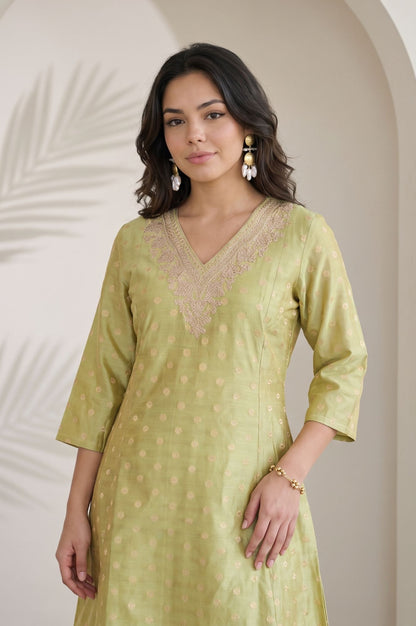 W Green Yarn Dyed Embroidered Chanderi Straight Kurta