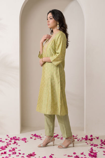 W Green Yarn Dyed Embroidered Chanderi Straight Kurta