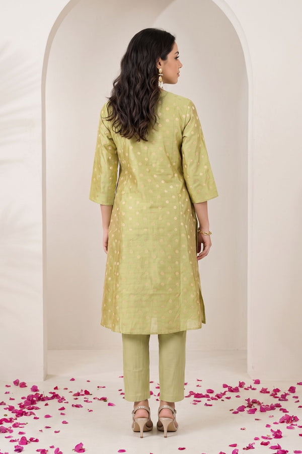 Lime Green Textured Embroidered Chanderi A-line Kurta