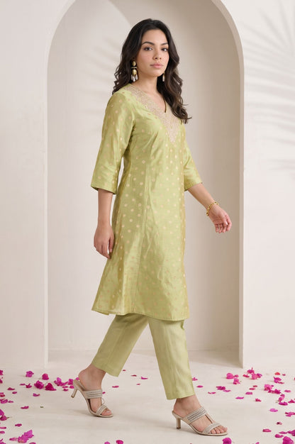 W Green Yarn Dyed Embroidered Chanderi Straight Kurta