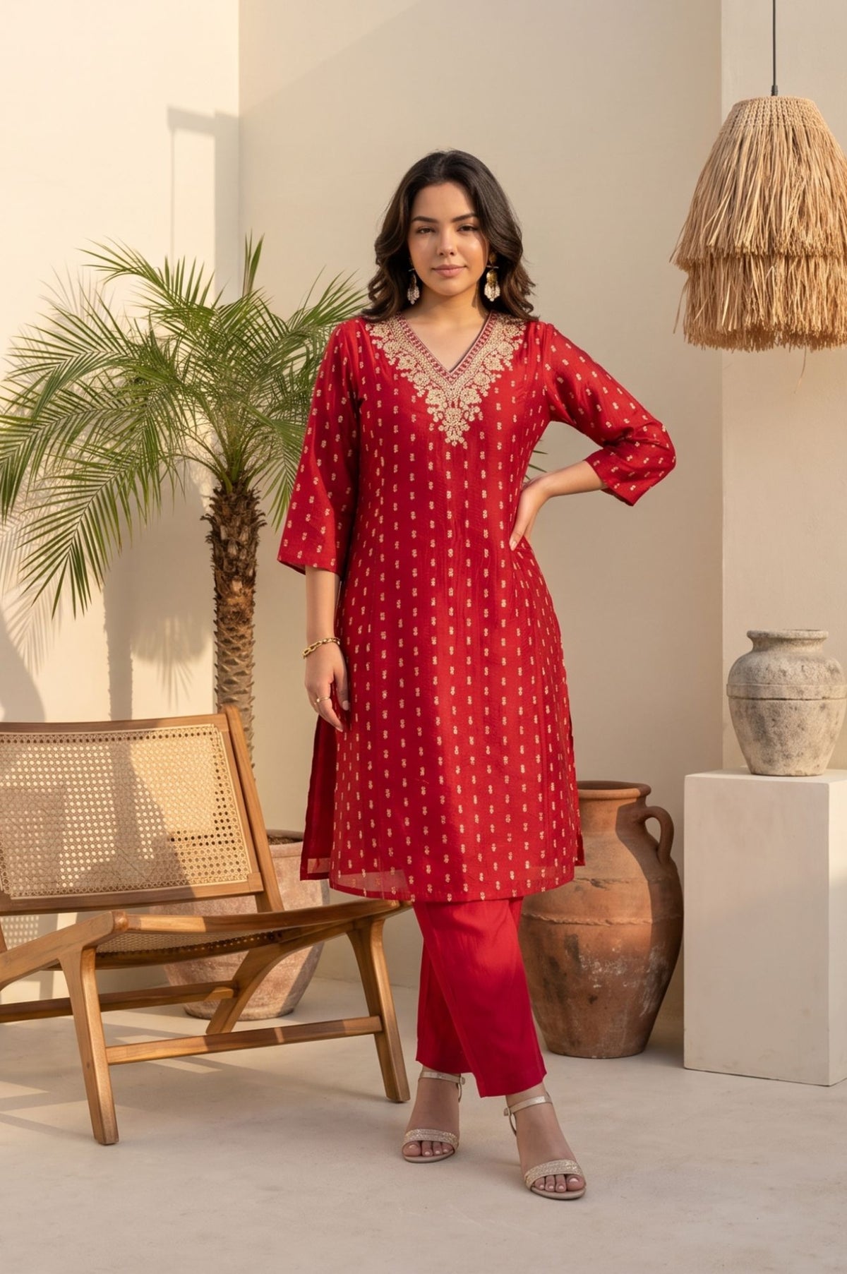 Red Ethnic Motifs Yarn Dyed Embroidered Chanderi Straight Kurta