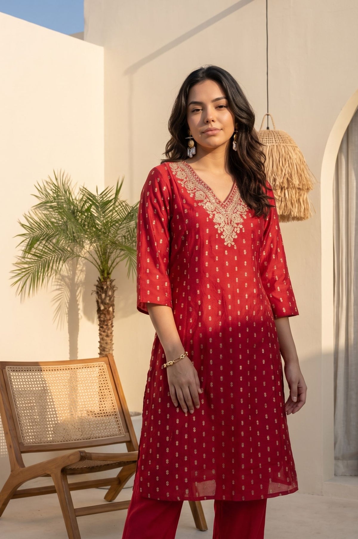 Red Ethnic Motifs Yarn Dyed Embroidered Chanderi Straight Kurta