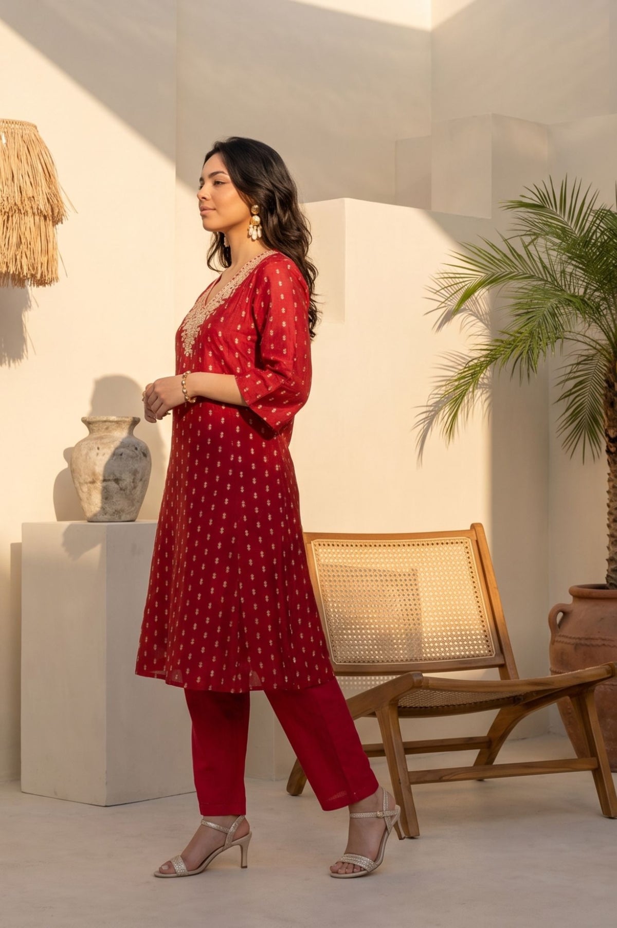 Red Ethnic Motifs Yarn Dyed Embroidered Chanderi Straight Kurta