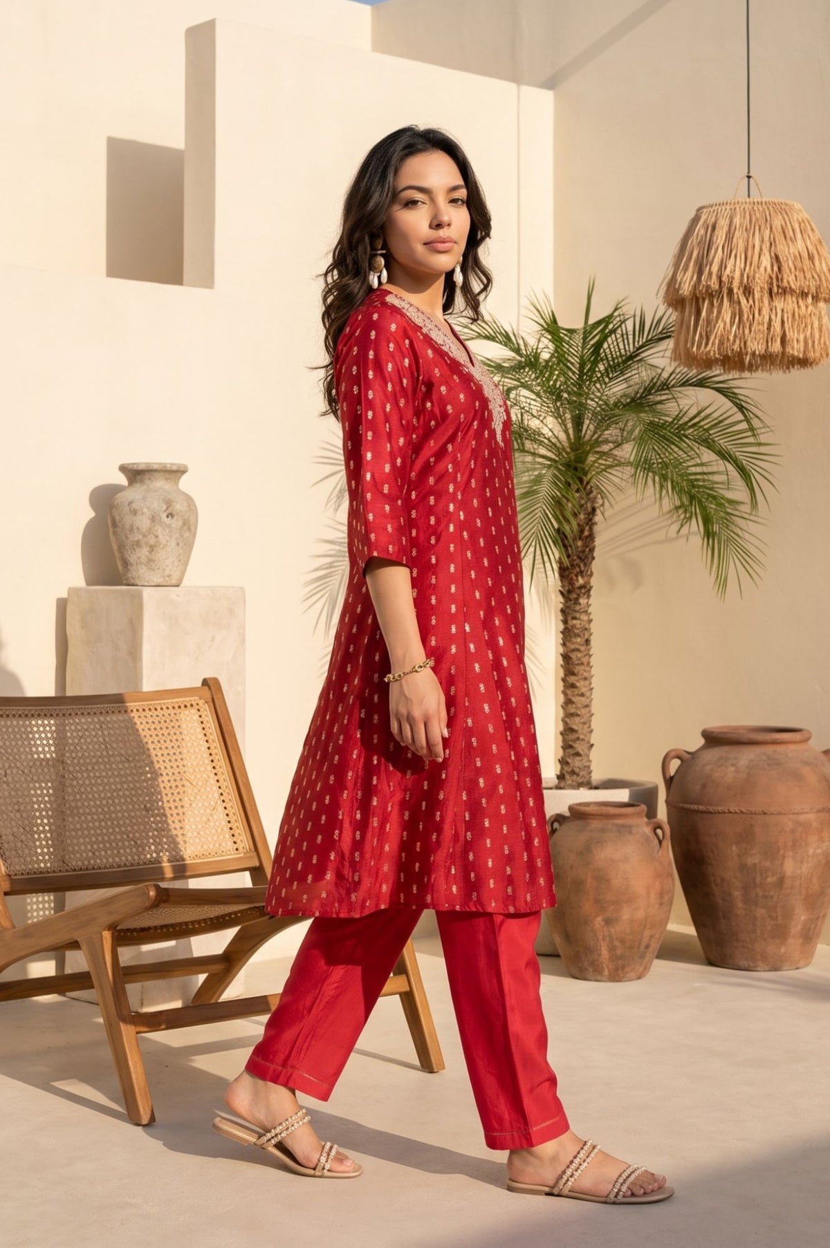 Red Ethnic Motifs Yarn Dyed Embroidered Chanderi Straight Kurta