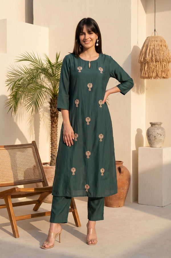 Green Zari Embroidered Faux Chanderi Straight Kurta