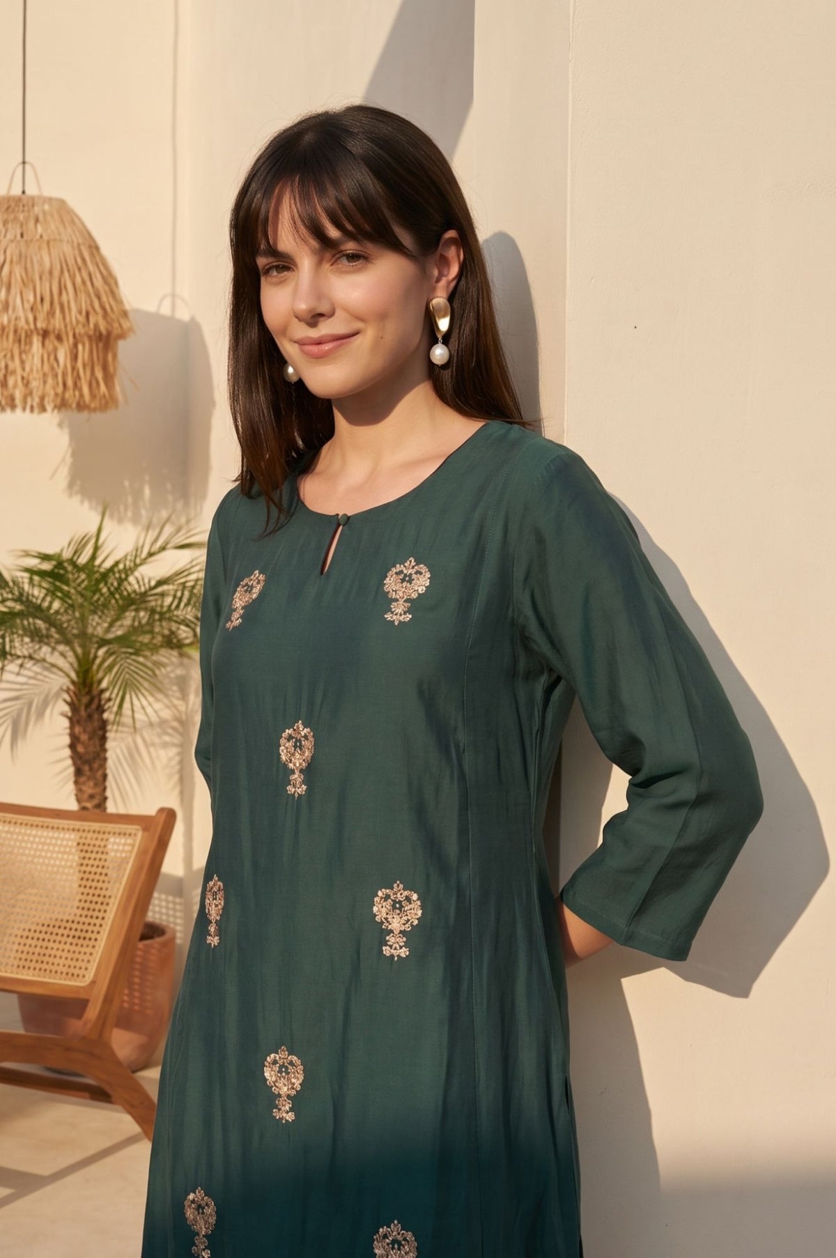 Green Zari Embroidered Faux Chanderi Straight Kurta