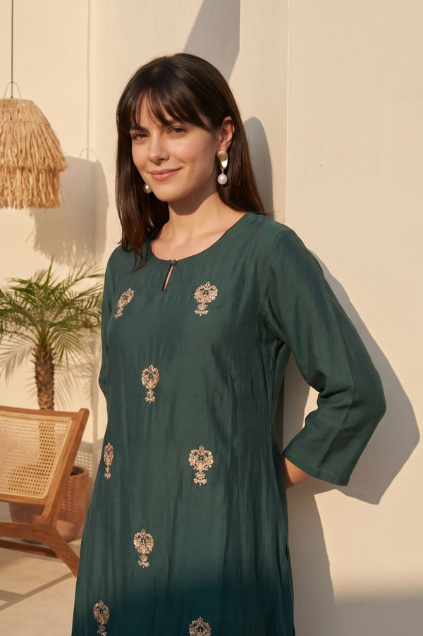 Green Zari Embroidered Faux Chanderi Straight Kurta