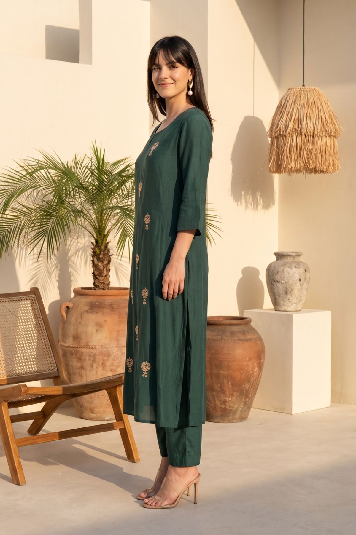 Green Zari Embroidered Faux Chanderi Straight Kurta