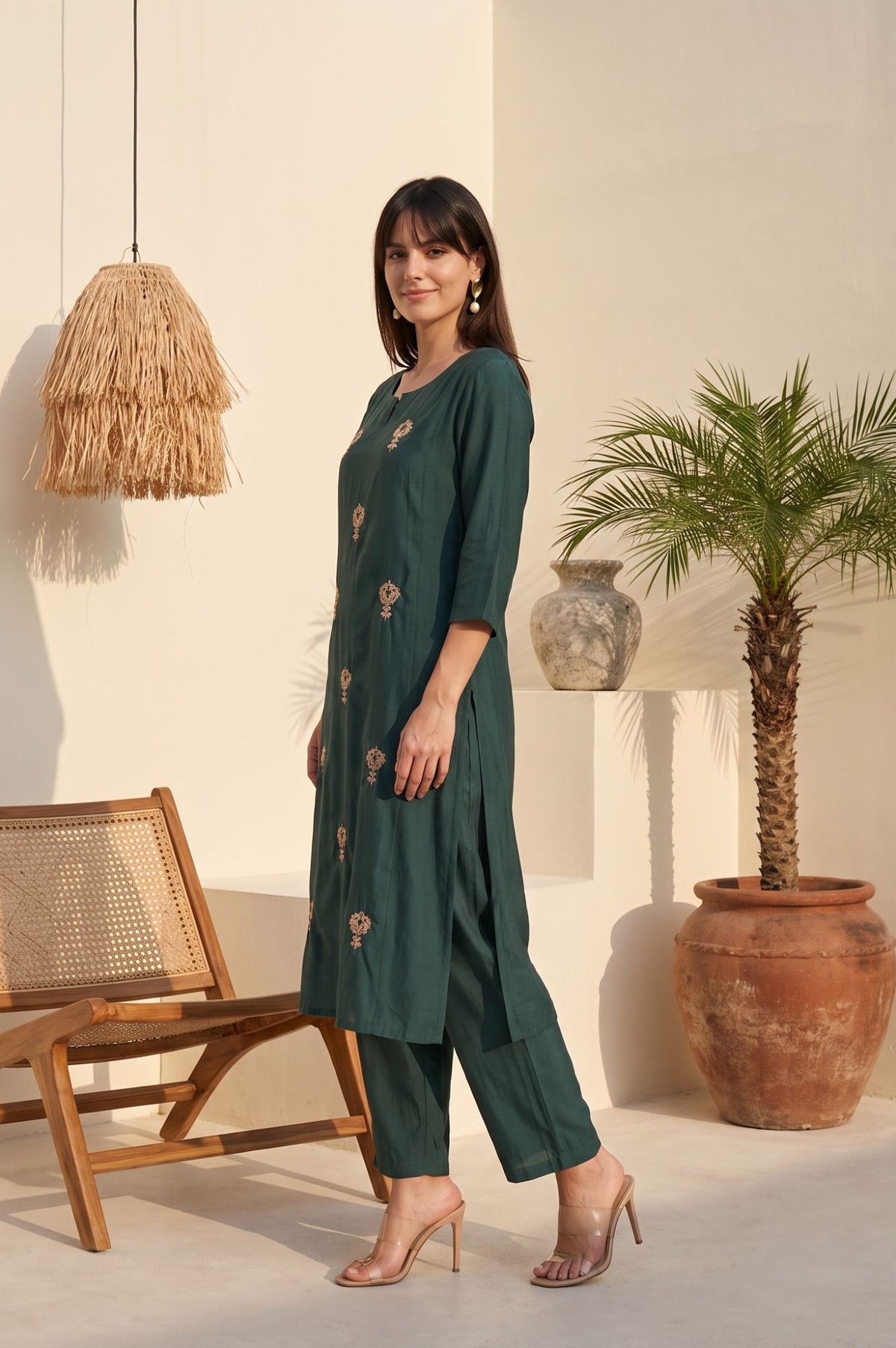 Green Zari Embroidered Faux Chanderi Straight Kurta