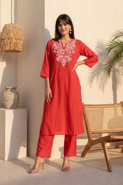 Red Embroidered Faux Chanderi Straight Kurta