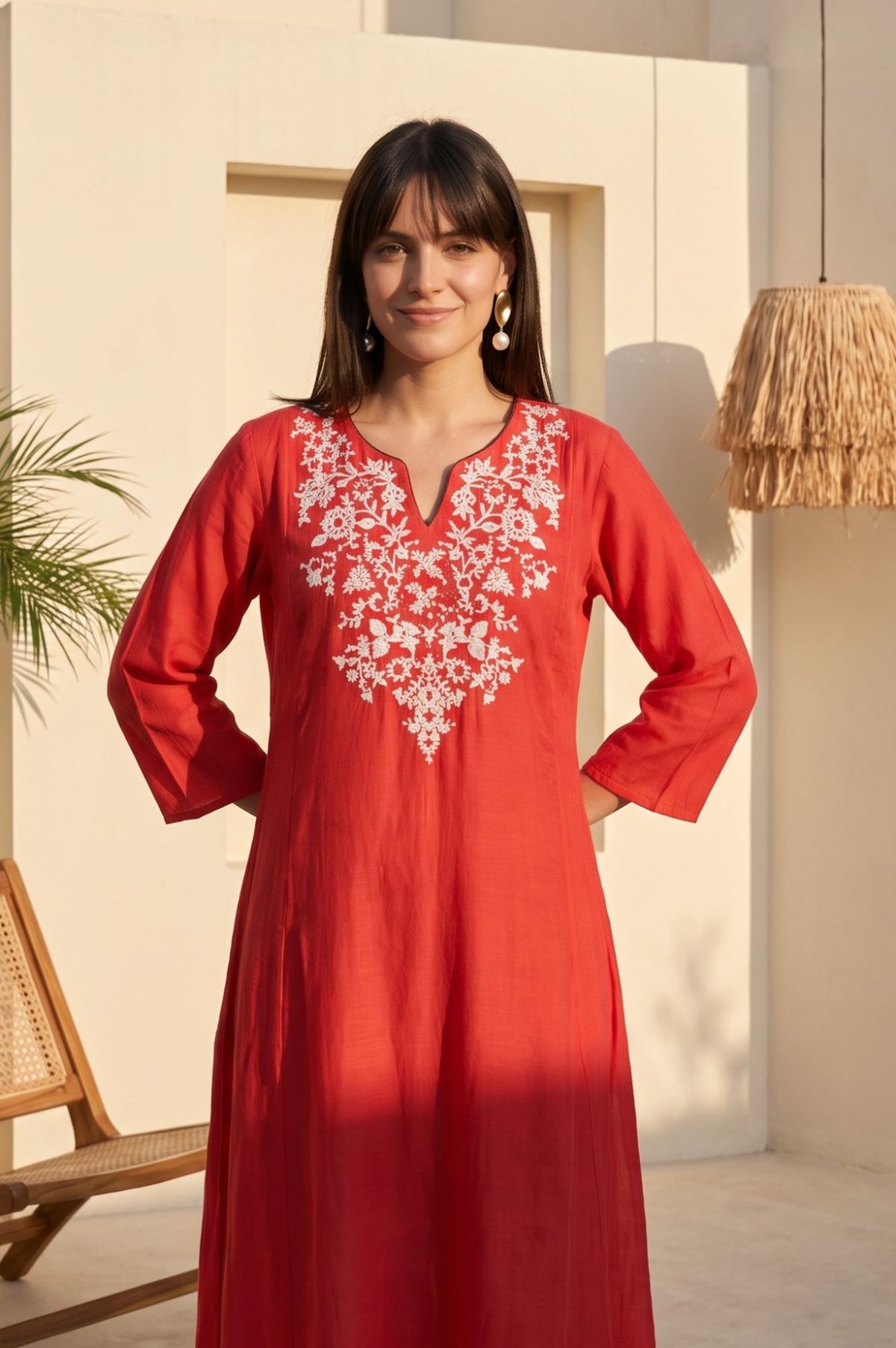 Red Embroidered Faux Chanderi Straight Kurta
