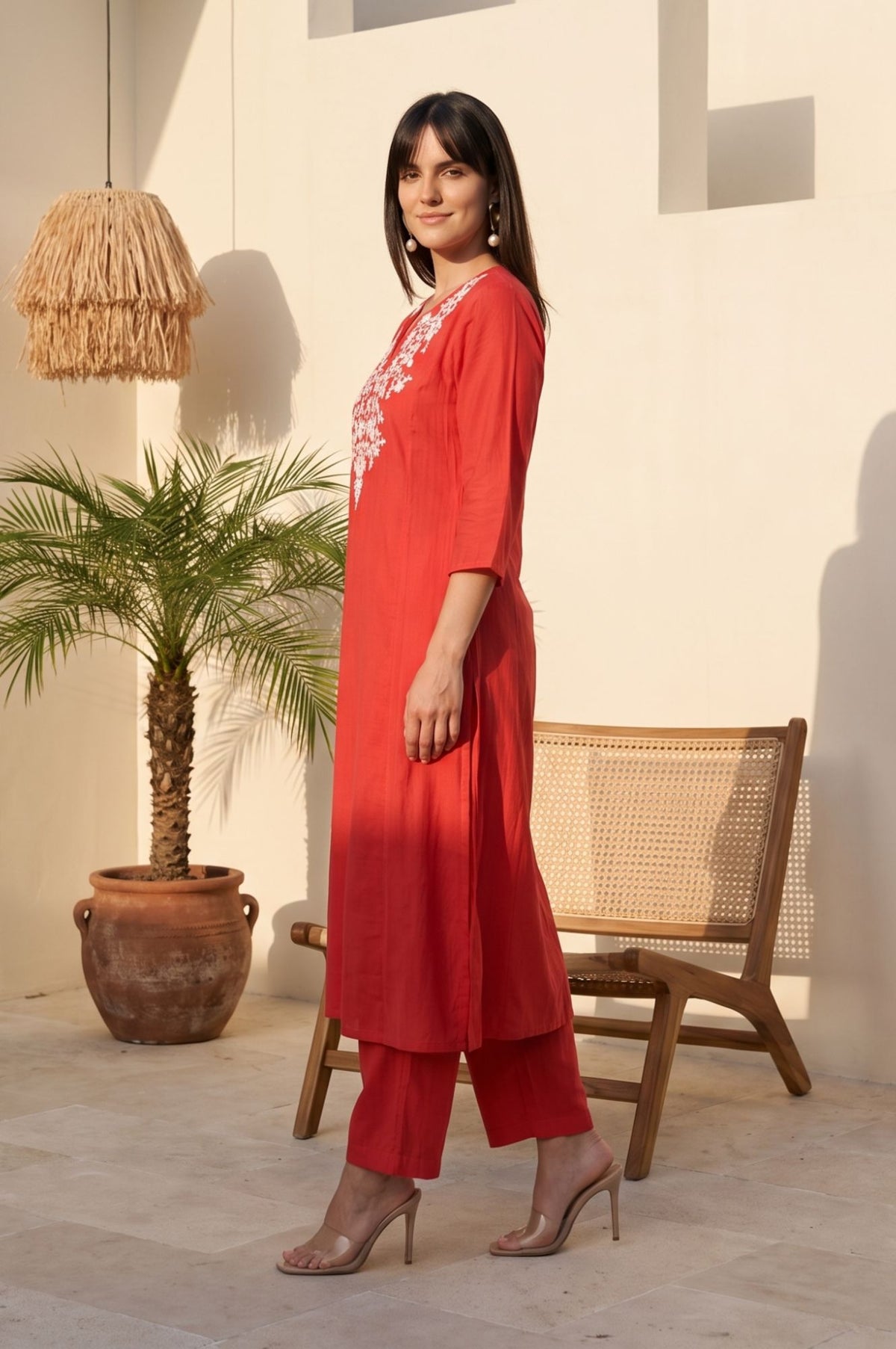 Red Embroidered Faux Chanderi Straight Kurta