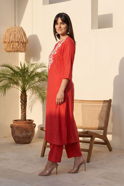 Red Embroidered Faux Chanderi Straight Kurta
