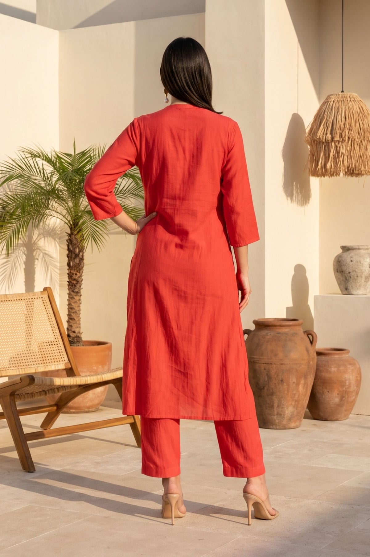 Red Embroidered Faux Chanderi Straight Kurta