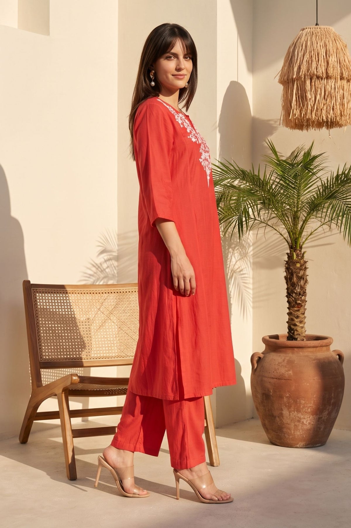 Red Embroidered Faux Chanderi Straight Kurta