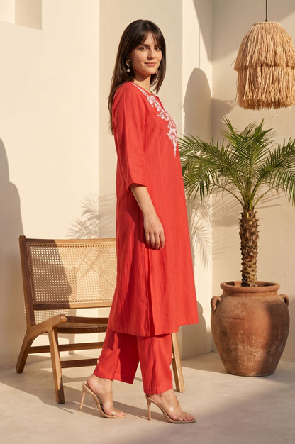 Red Embroidered Faux Chanderi Straight Kurta