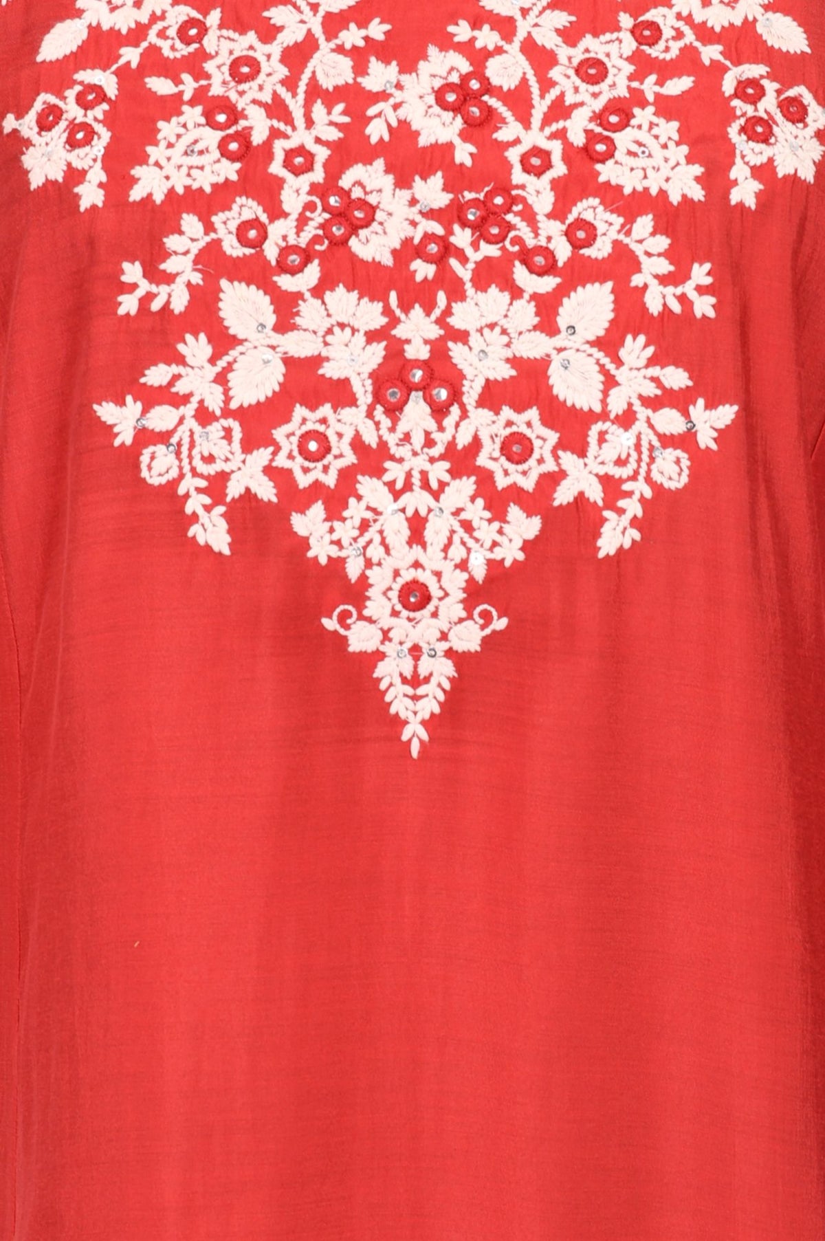 Red Embroidered Faux Chanderi Straight Kurta