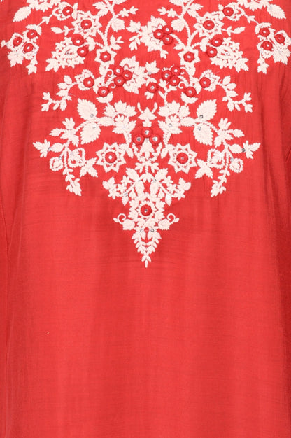 Red Embroidered Faux Chanderi Straight Kurta