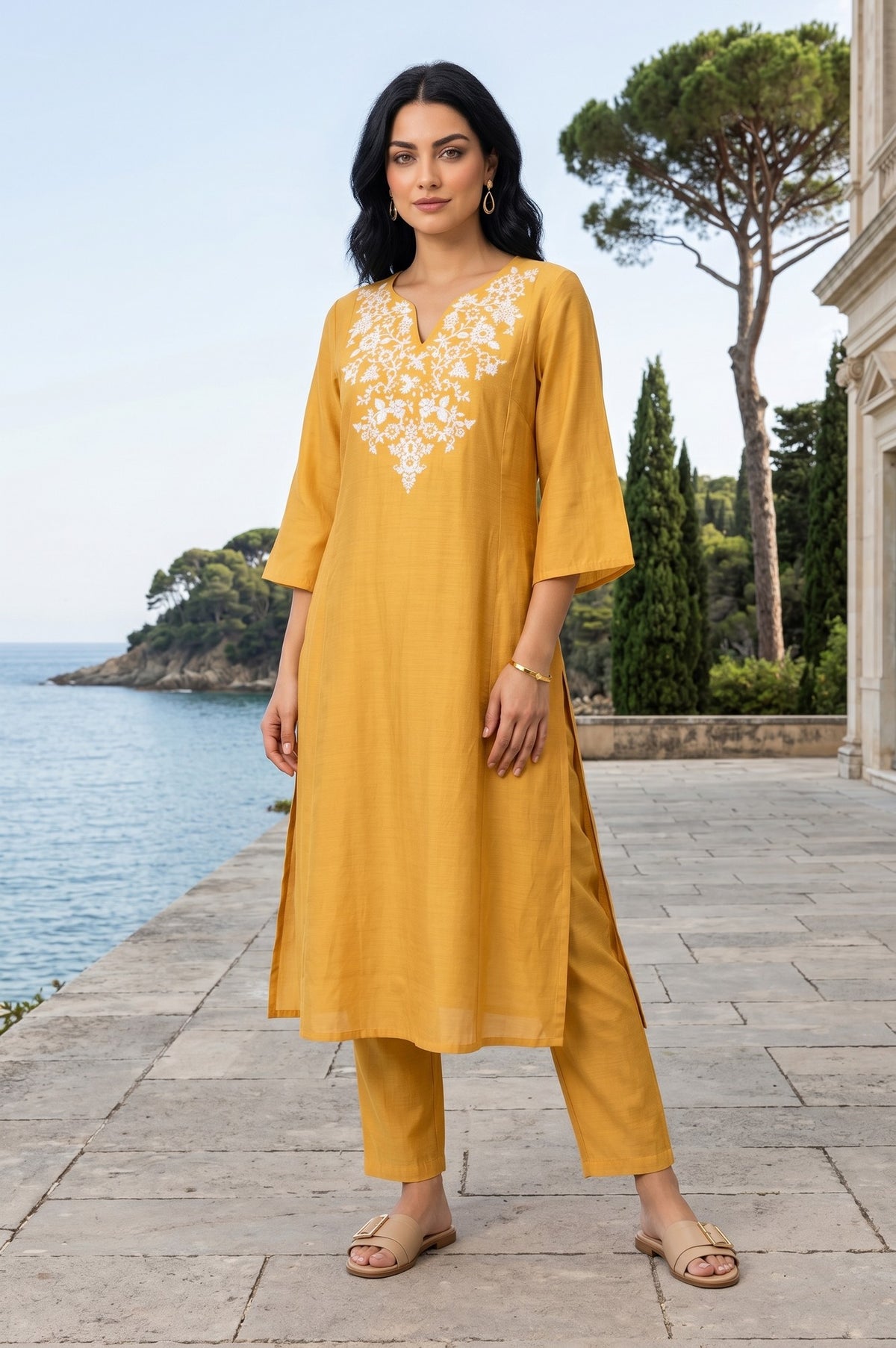 Mustard Embroidered Straight Faux Chanderi Kurta - XS