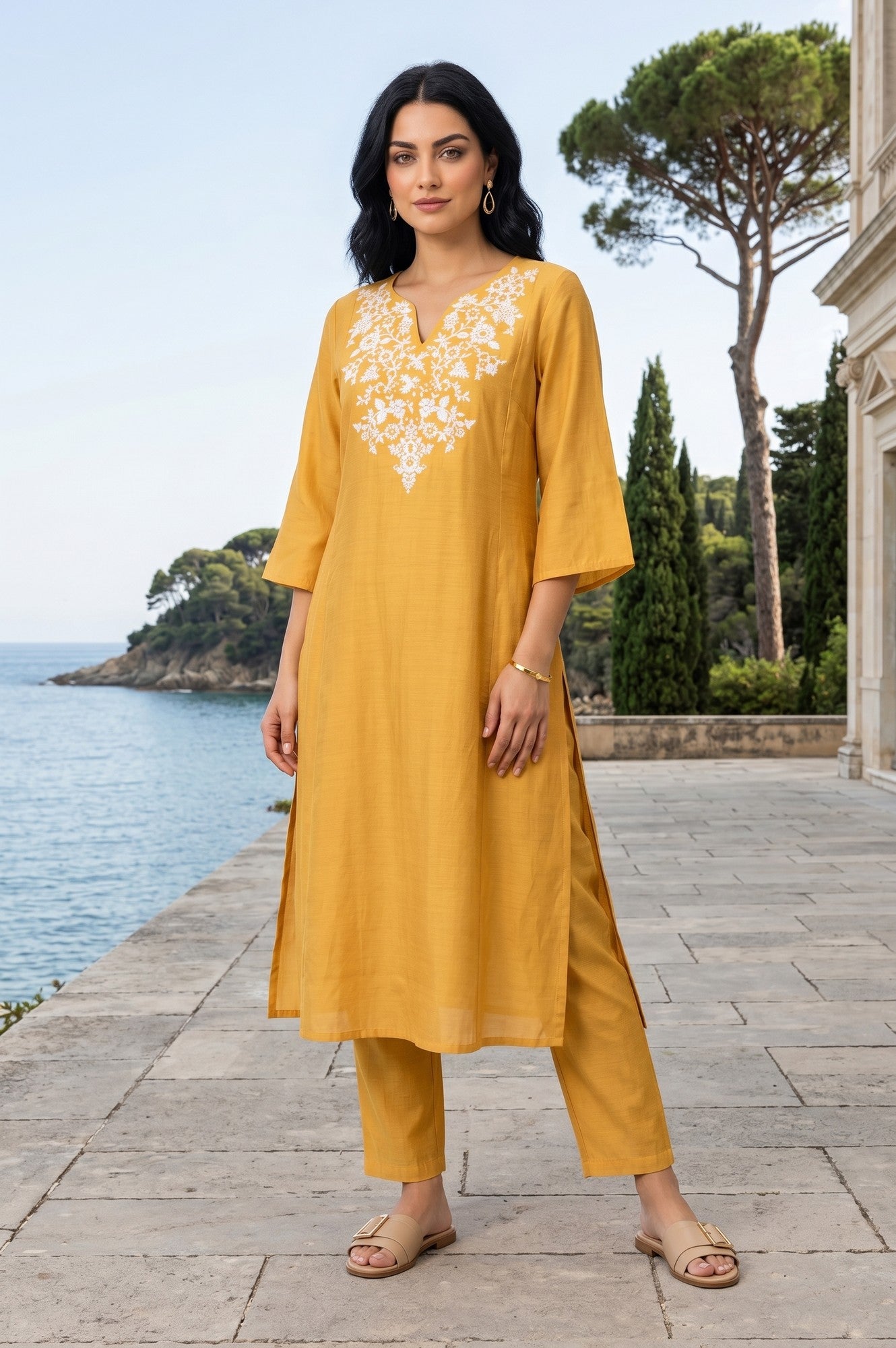 Mustard Embroidered Straight Faux Chanderi Kurta