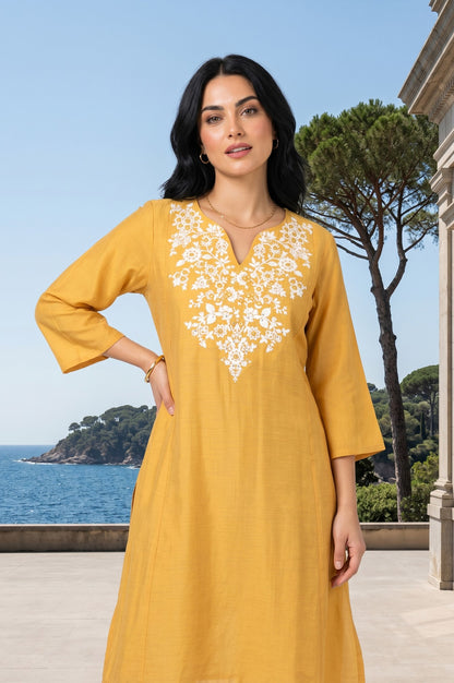 Mustard Embroidered Straight Faux Chanderi Kurta