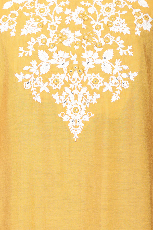 Mustard Embroidered Straight Faux Chanderi Kurta