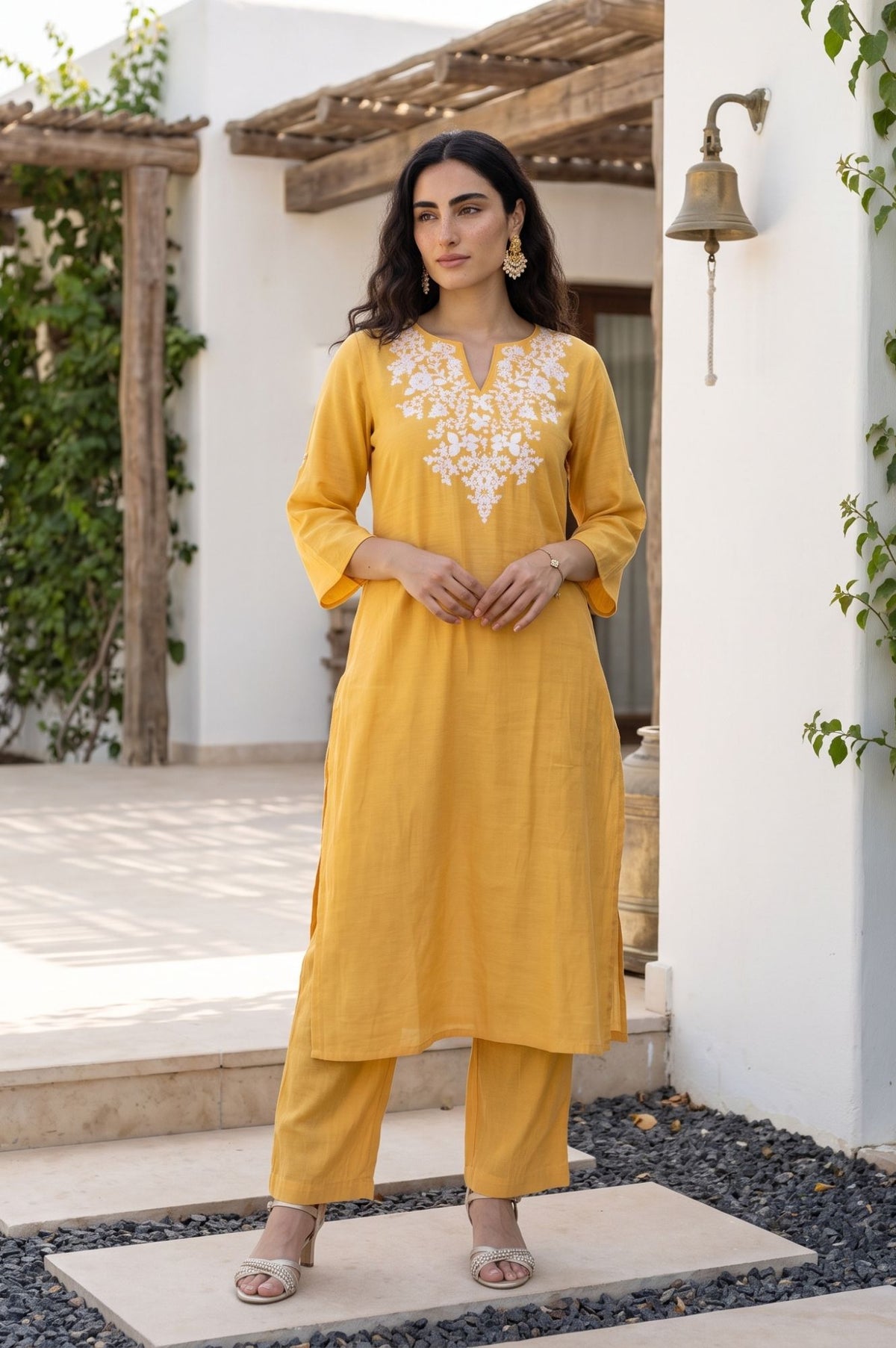Yellow Embroidered Chanderi Straight Kurta