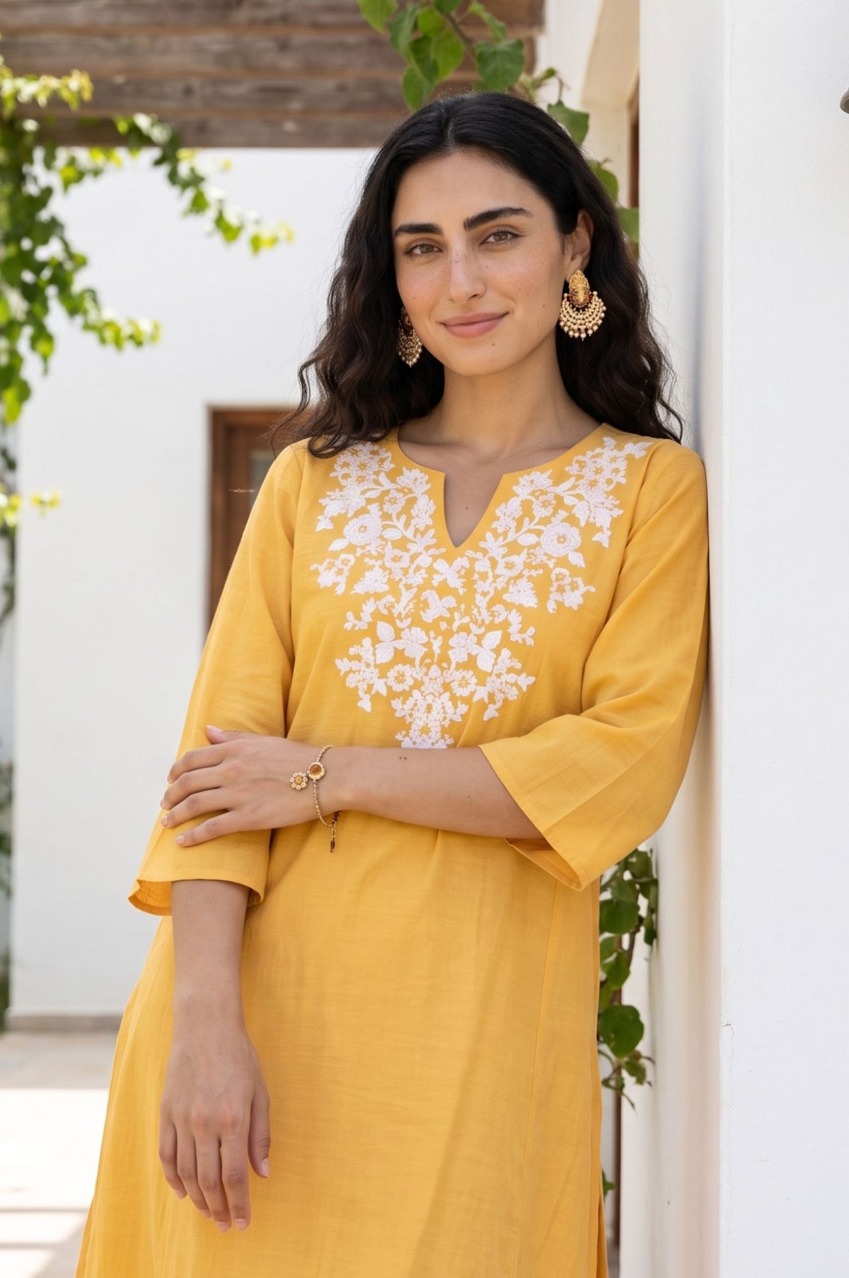Yellow Embroidered Chanderi Straight Kurta