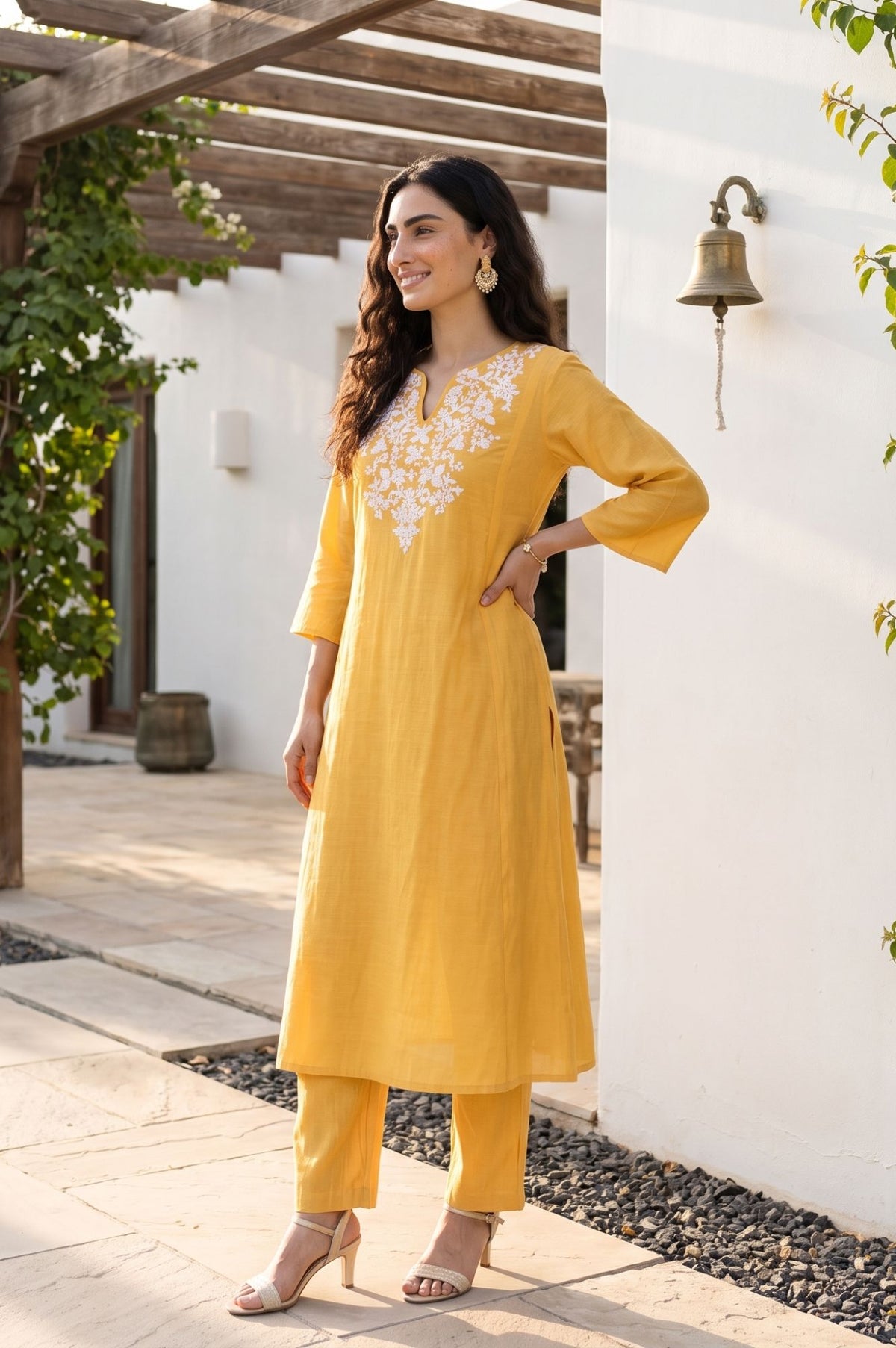 Yellow Embroidered Chanderi Straight Kurta