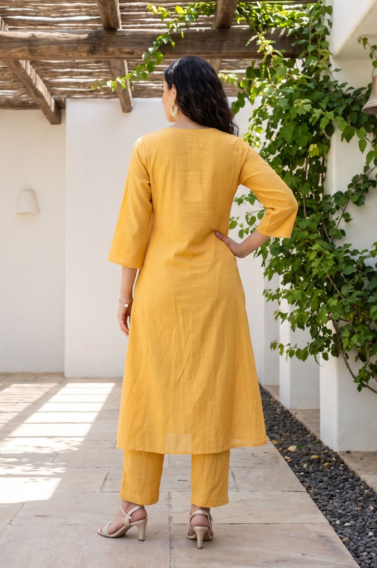 Yellow Embroidered Chanderi Straight Kurta