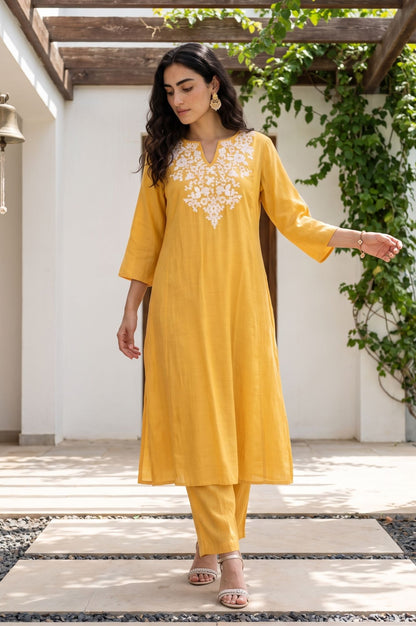 Yellow Embroidered Chanderi Straight Kurta